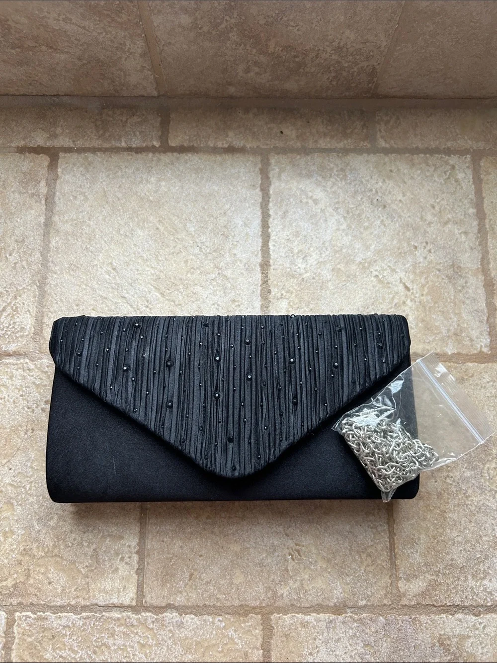 Black Beaded Envelope Clutch with Detachable Chain